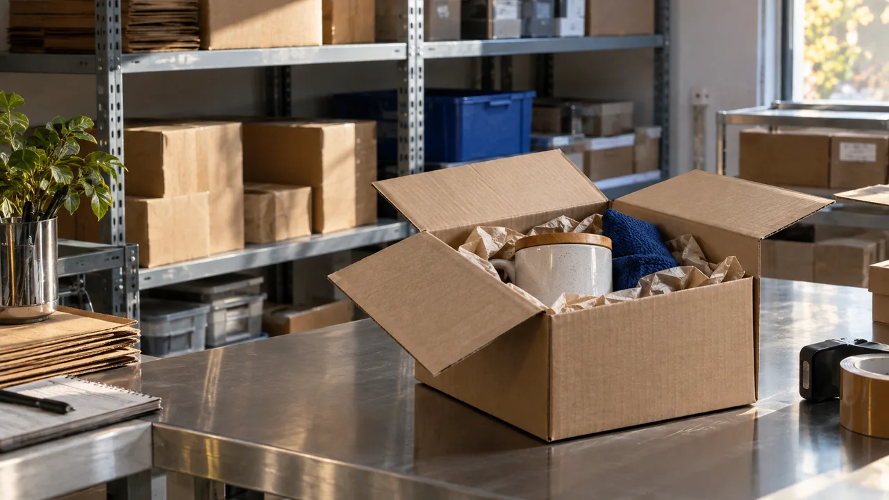Open carton and stock shelves at a packing bench