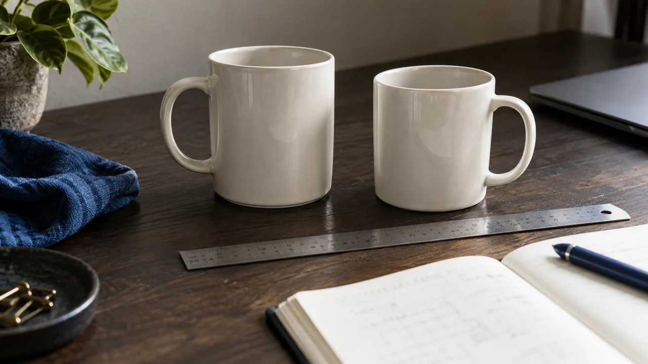 Two similar ceramic mugs beside a ruler for comparing product variants