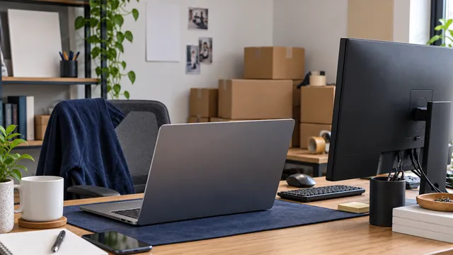 Laptop and monitor in a small ecommerce workspace