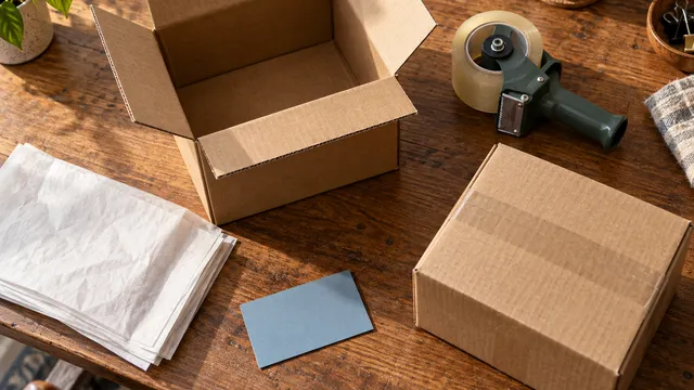 Shipping cartons, tissue paper and packing tape on a workbench