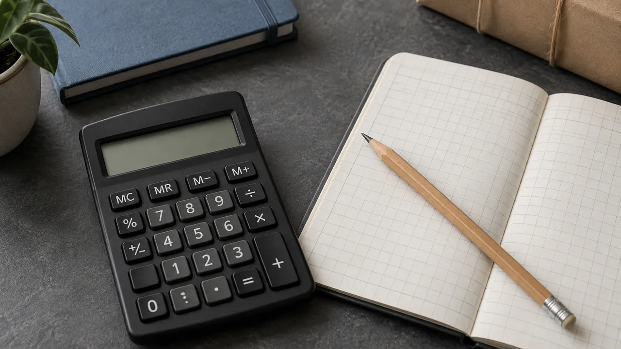 Calculator, pencil and ledger for checking selling costs
