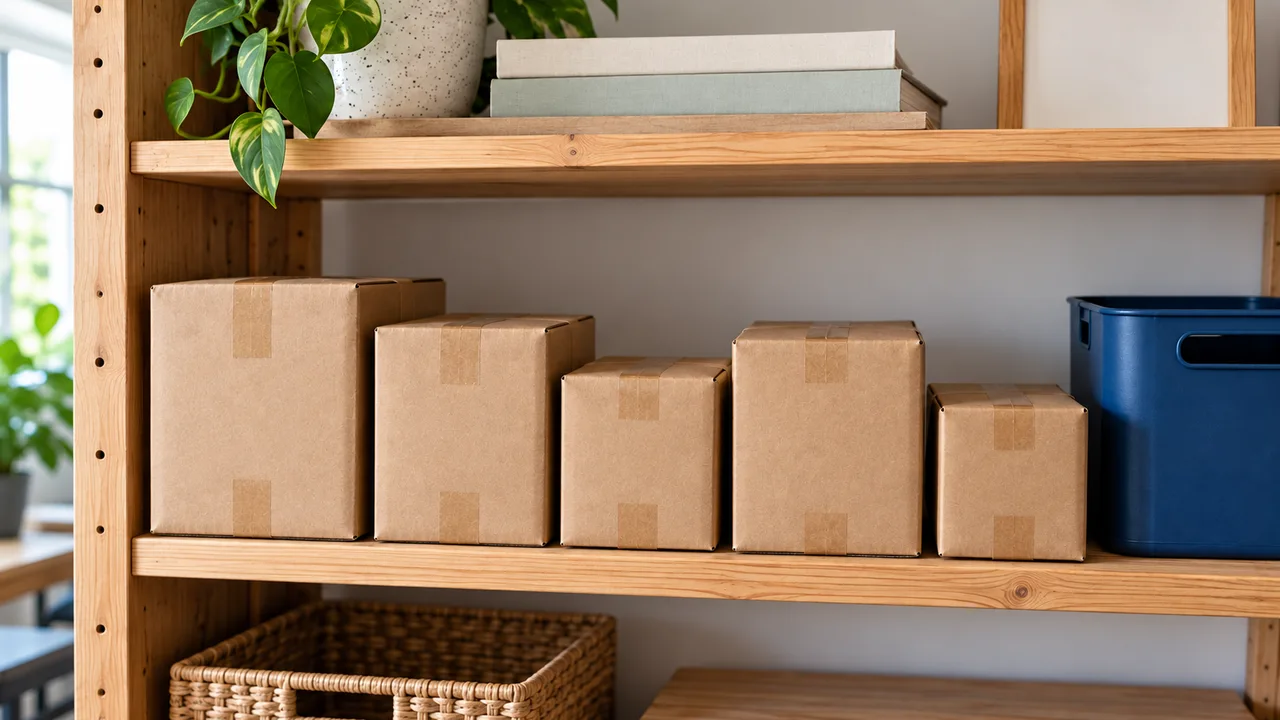 A small batch of plain parcels organized on a shelf