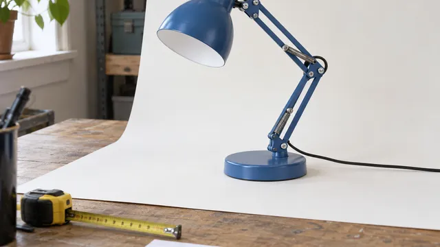 Blue adjustable desk lamp in a simple product photography setup