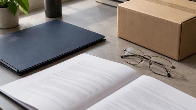 Supplier paperwork, glasses and a parcel on a desk