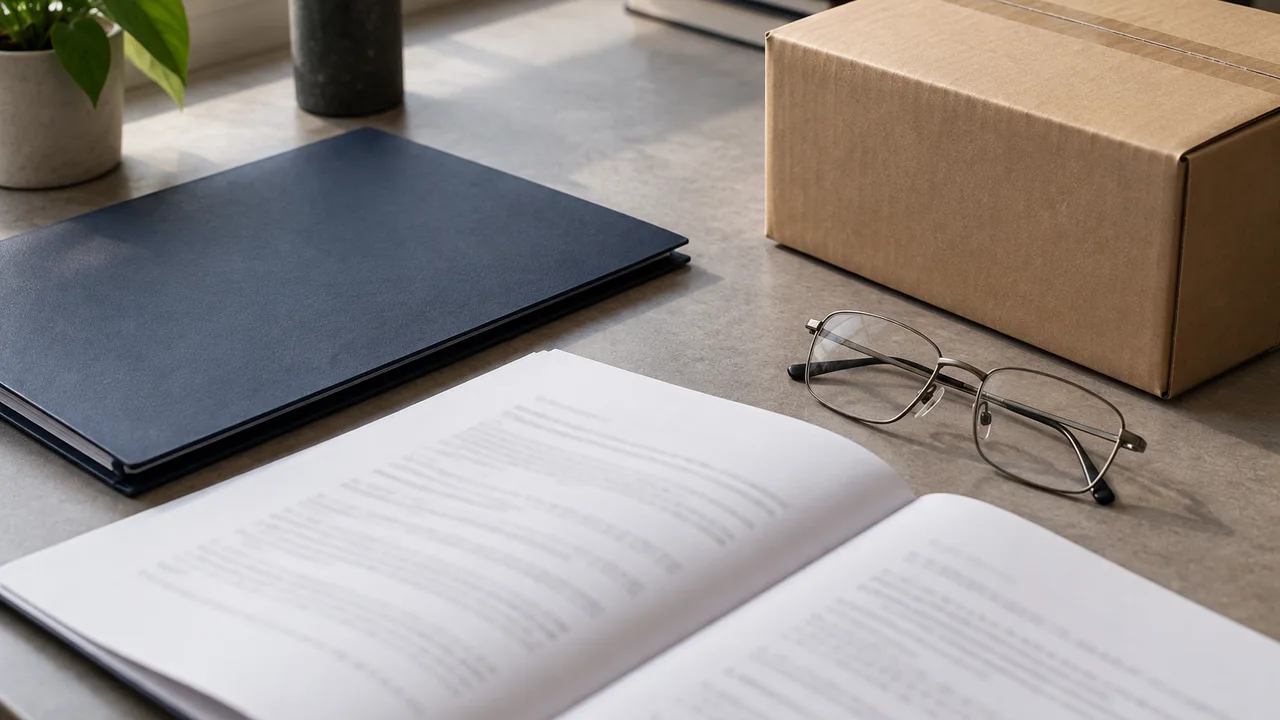 Supplier paperwork, glasses and a parcel on a desk