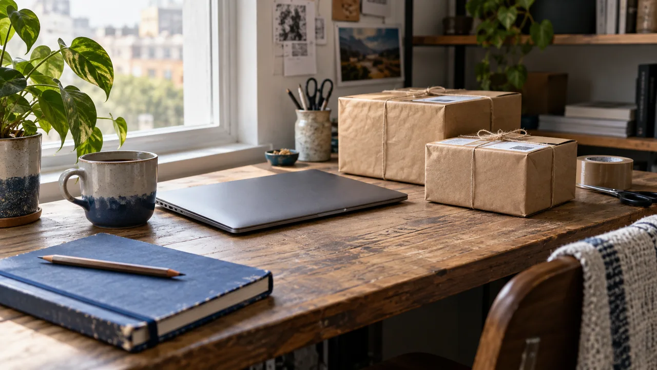 Laptop, blue notebook and parcels on a seller’s workbench