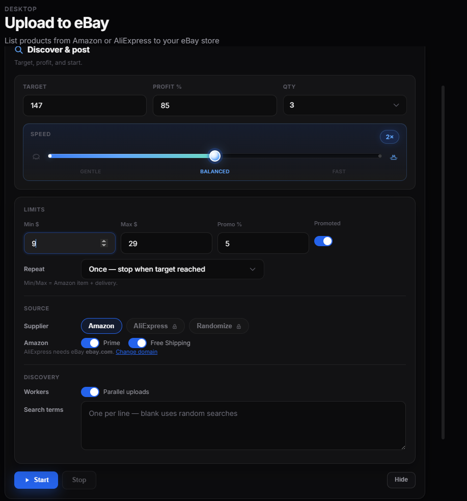 Ticka's DroboAI listing settings — profit and promo example