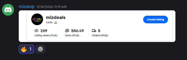 mizwop’s Discord post: $86 90-day sales · 5 orders