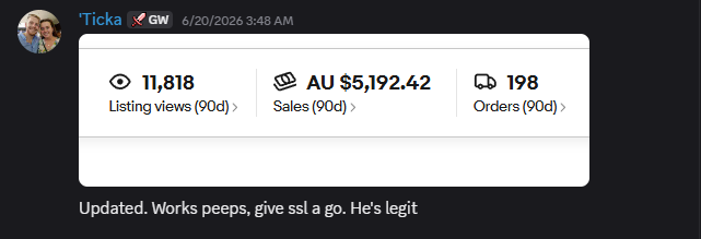 Ticka’s Discord post: AU $5,192 90-day sales · 198 orders