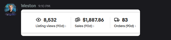 Weston’s Discord post: $1,887 90-day sales · 83 orders