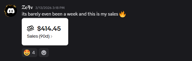 Ze4v’s Discord post: $414 sales in the first week