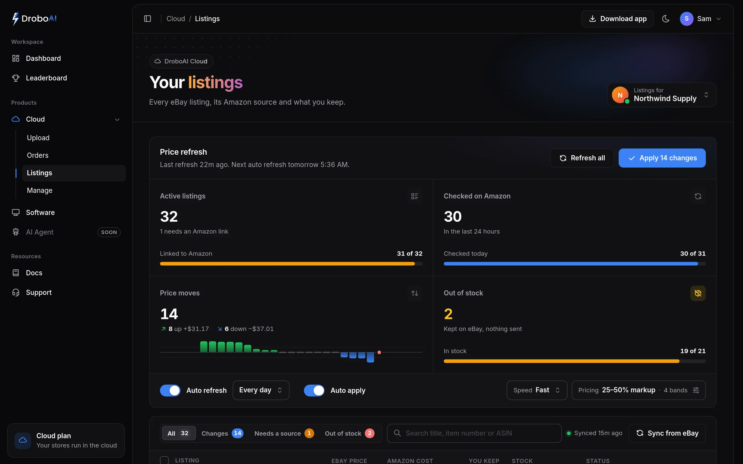 DroboAI Listings: price refresh with each listing’s eBay price, Amazon cost and what you keep