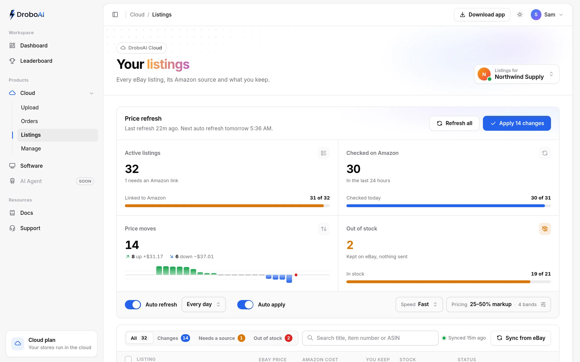 DroboAI Listings: price refresh with each listing’s eBay price, Amazon cost and what you keep