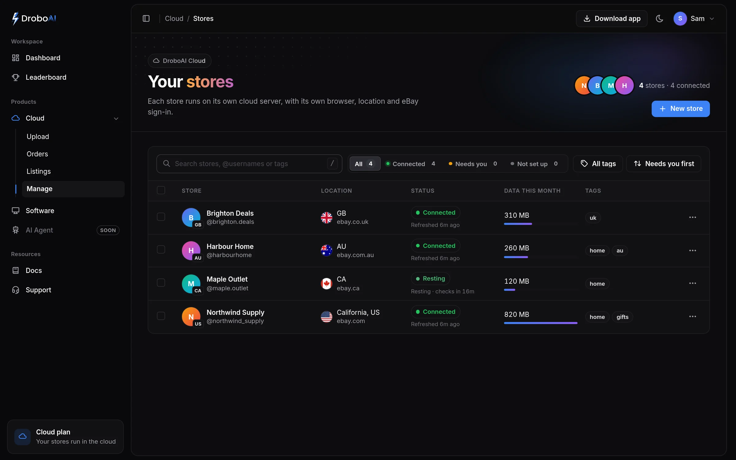 DroboAI stores: four eBay stores in four countries, each connected