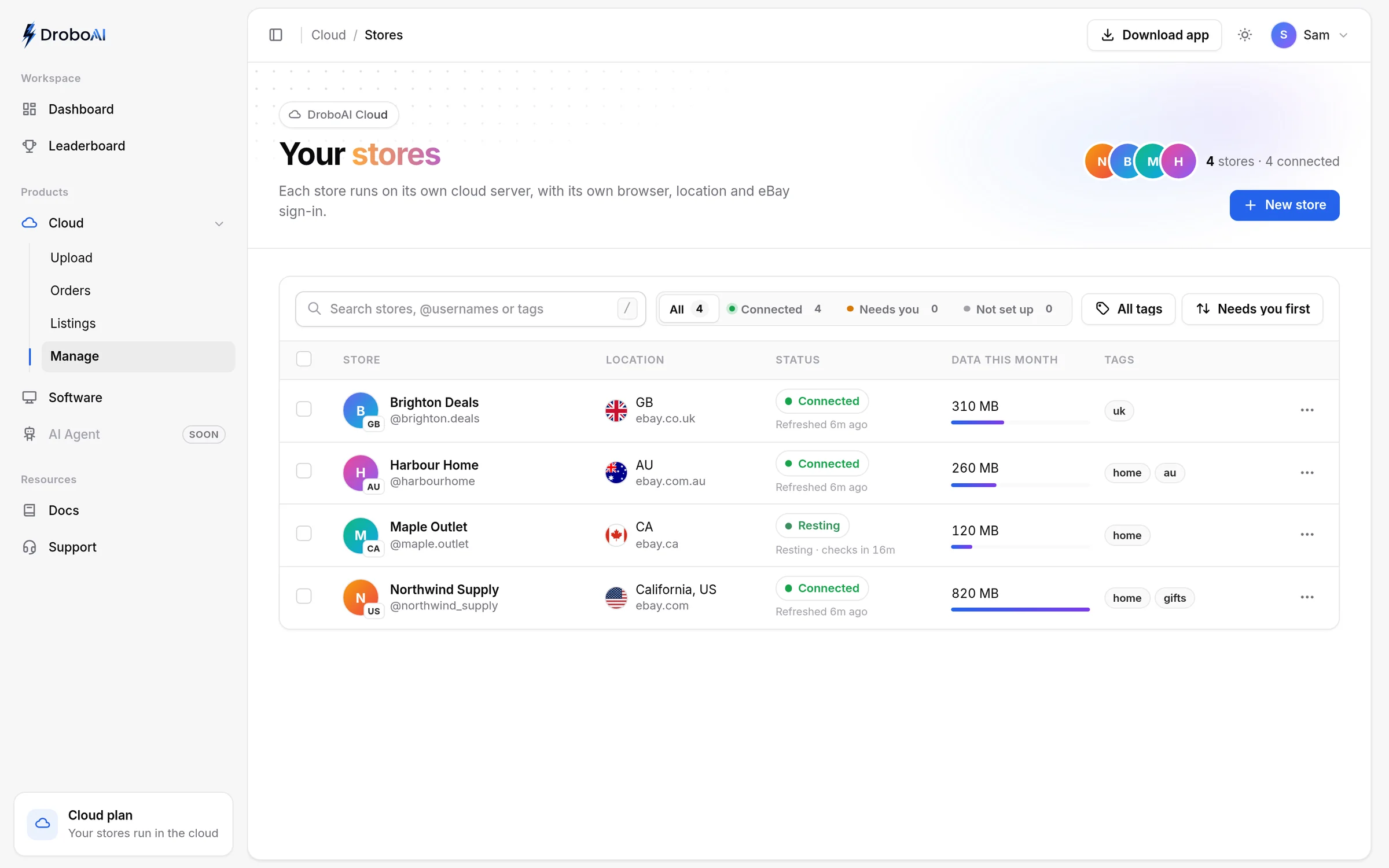 DroboAI stores: four eBay stores in four countries, each connected