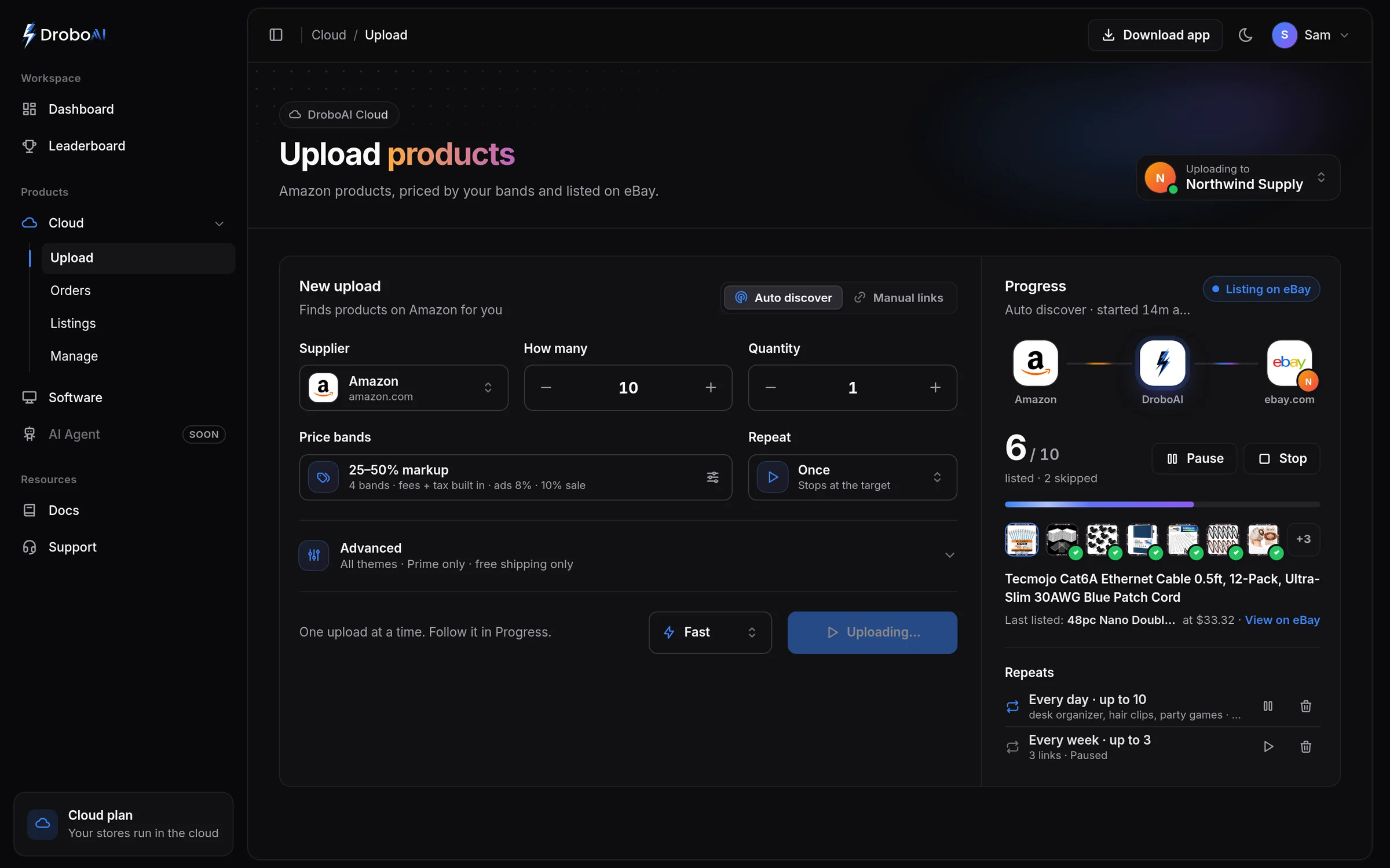 DroboAI Upload: a run finding Amazon products and listing them on eBay, six of ten listed