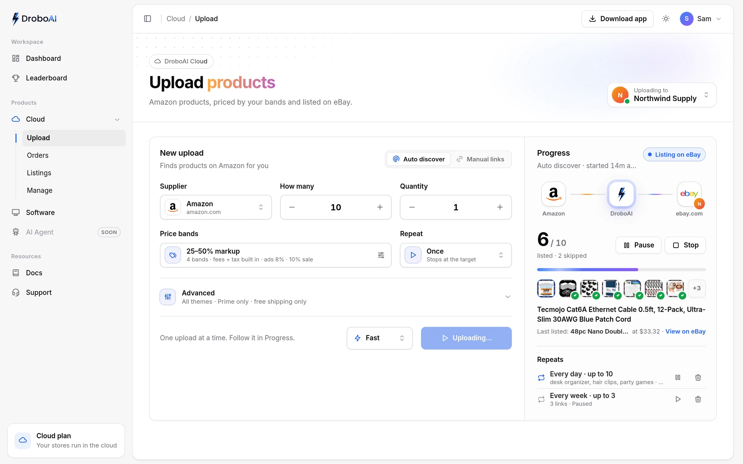 DroboAI Upload: a run finding Amazon products and listing them on eBay, six of ten listed